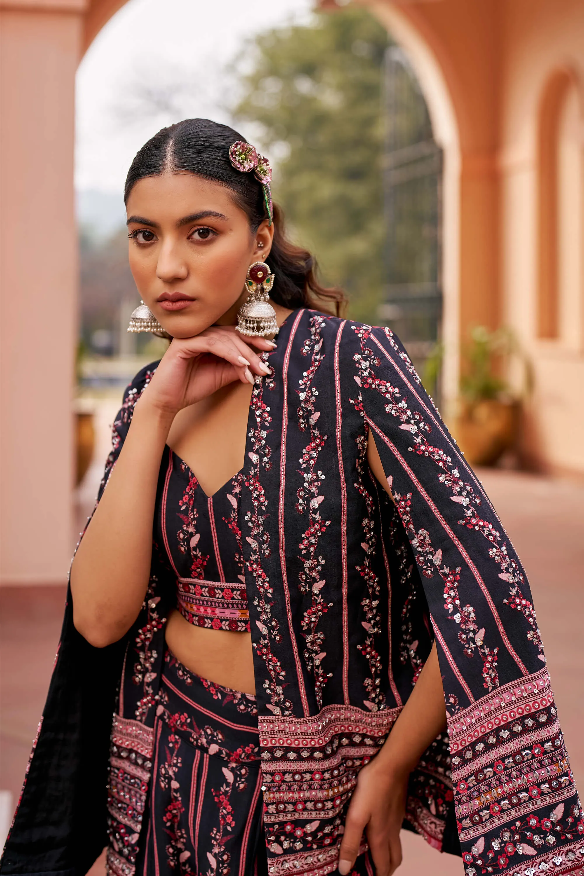 Black printed palazzo and cape set