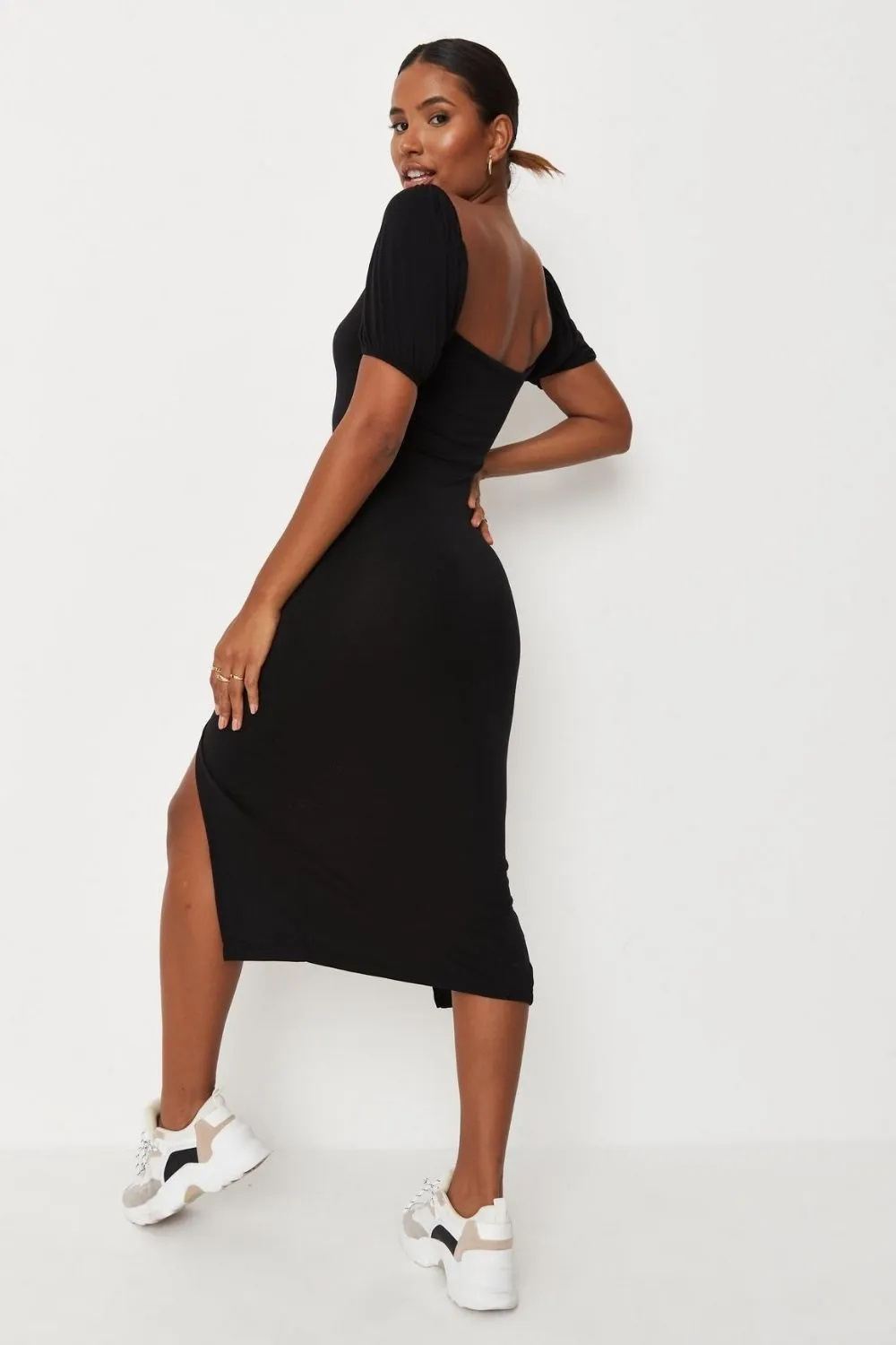 Black split milkmaid midaxi dress