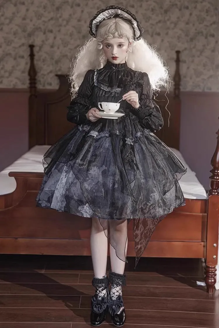 Black Stand Collar High Waisted Dead Leaves Print Tulle Gothic Princess Lolita Jsk Dress