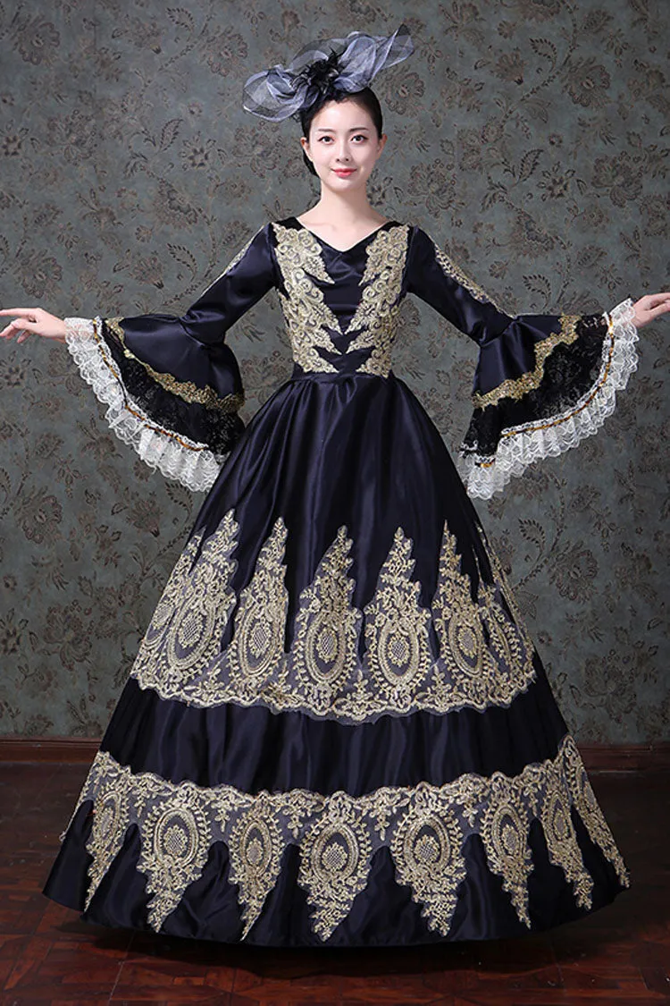 Black Trumpet Sleeves High Waisted Hollow Embroidery Print Victorian Lolita Prom Dress
