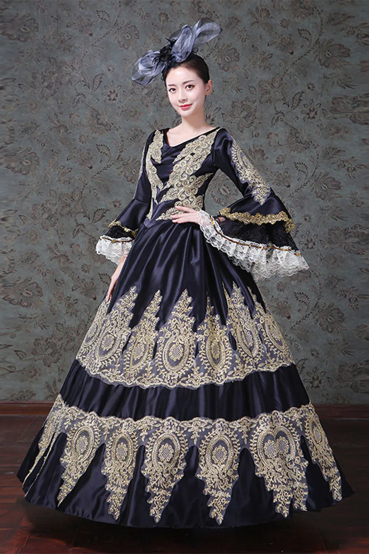 Black Trumpet Sleeves High Waisted Hollow Embroidery Print Victorian Lolita Prom Dress