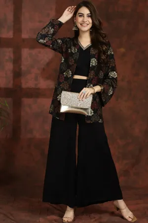 Black V-Neck Ethnic Printed Co-Ord Set with Palazzo & Jacket for Women | S-XXL | Claura