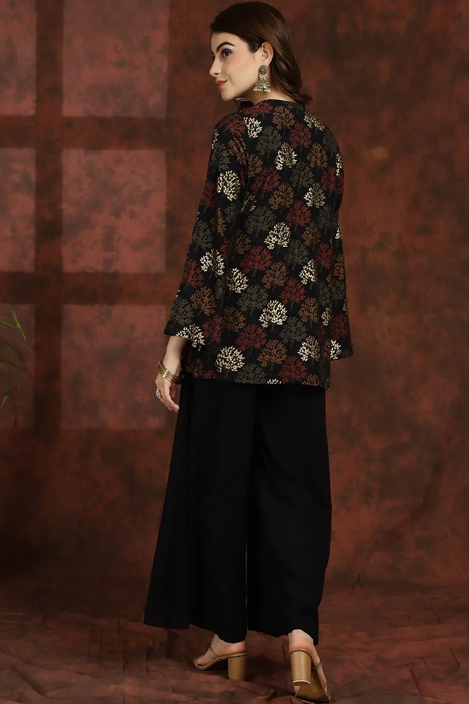 Black V-Neck Ethnic Printed Co-Ord Set with Palazzo & Jacket for Women | S-XXL | Claura