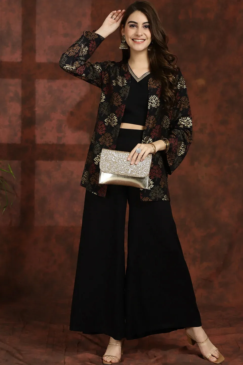 Black V-Neck Ethnic Printed Co-Ord Set with Palazzo & Jacket for Women | S-XXL | Claura