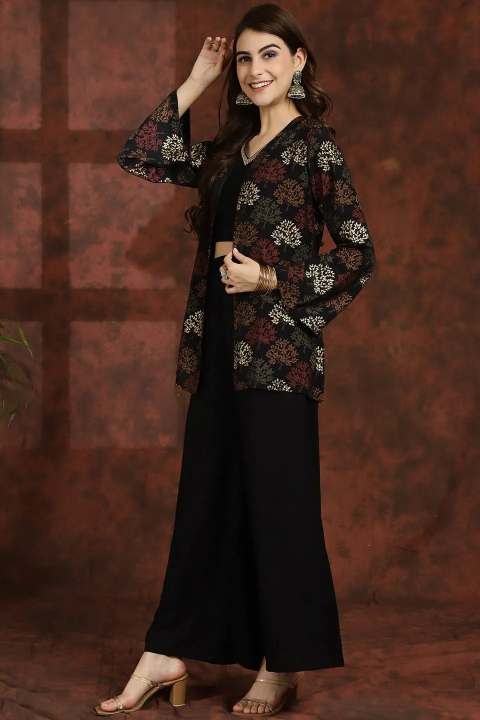 Black V-Neck Ethnic Printed Co-Ord Set with Palazzo & Jacket for Women | S-XXL | Claura