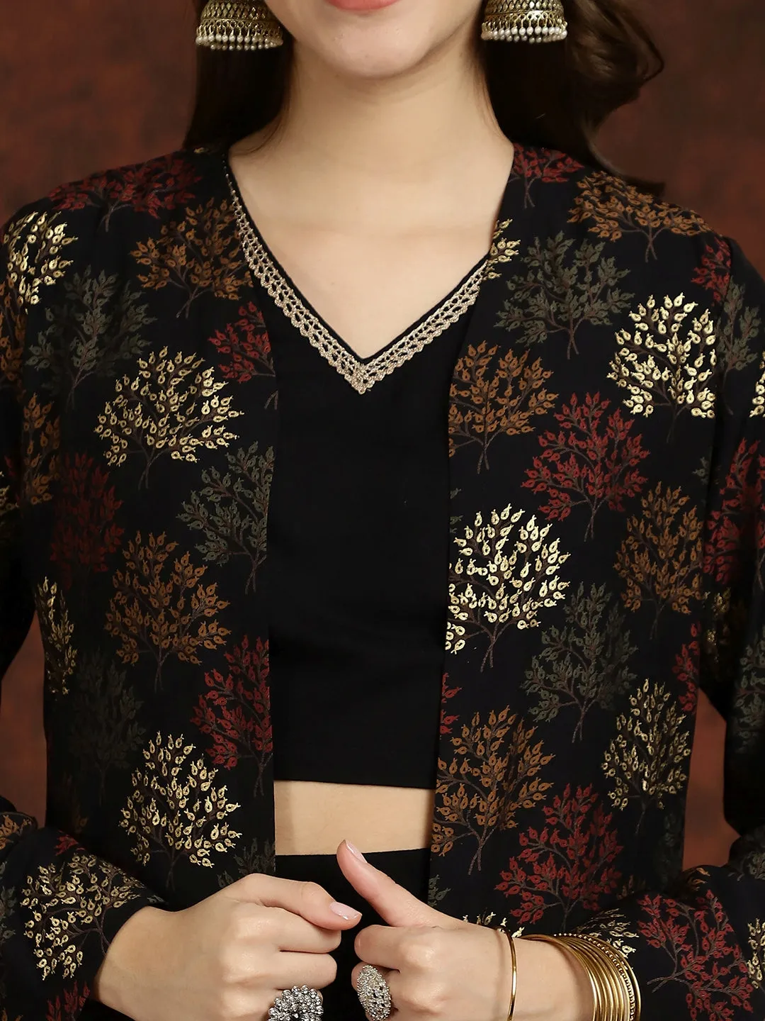 Black V-Neck Ethnic Printed Co-Ord Set with Palazzo & Jacket for Women | S-XXL | Claura