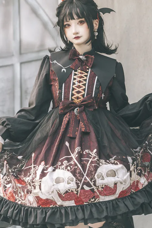 Black/Red Lapel Collar Long Sleeves High Waisted Printed Gothic Lolita OP Dress