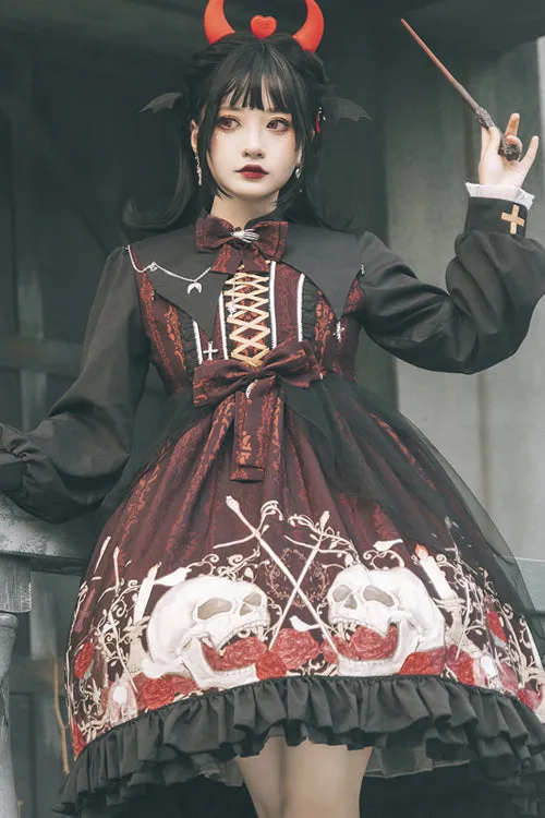 Black/Red Lapel Collar Long Sleeves High Waisted Printed Gothic Lolita OP Dress