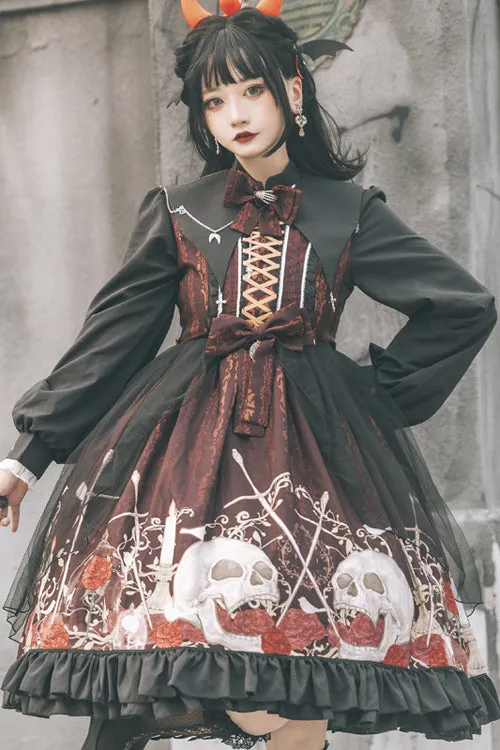Black/Red Lapel Collar Long Sleeves High Waisted Printed Gothic Lolita OP Dress