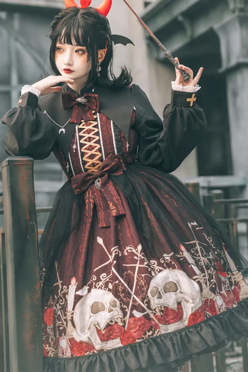Black/Red Lapel Collar Long Sleeves High Waisted Printed Gothic Lolita OP Dress