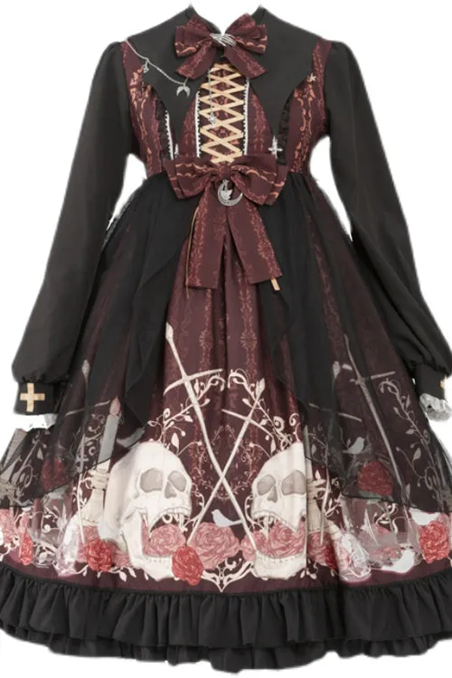 Black/Red Lapel Collar Long Sleeves High Waisted Printed Gothic Lolita OP Dress