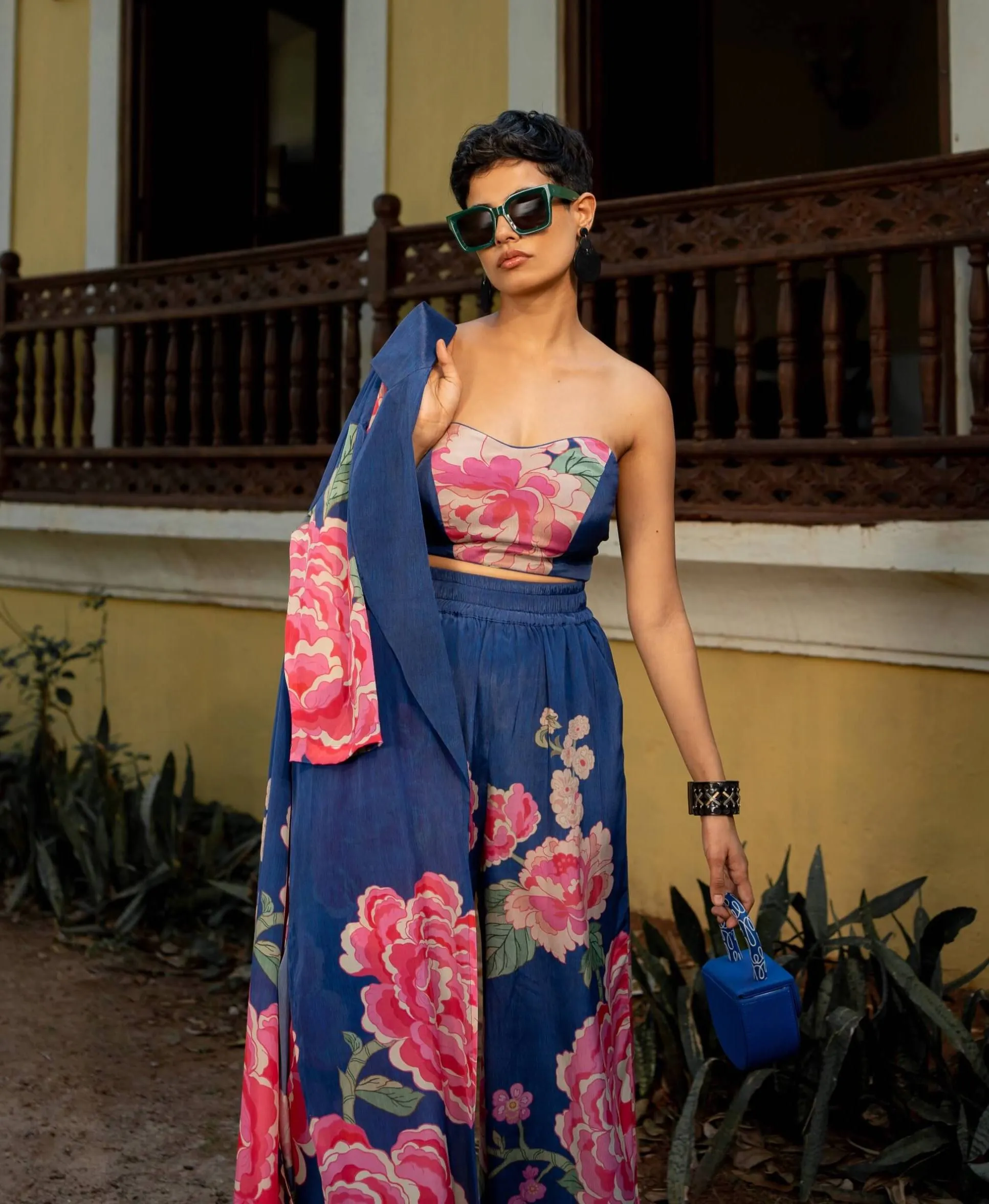 Blue blooming big floral jacket and palazzo set