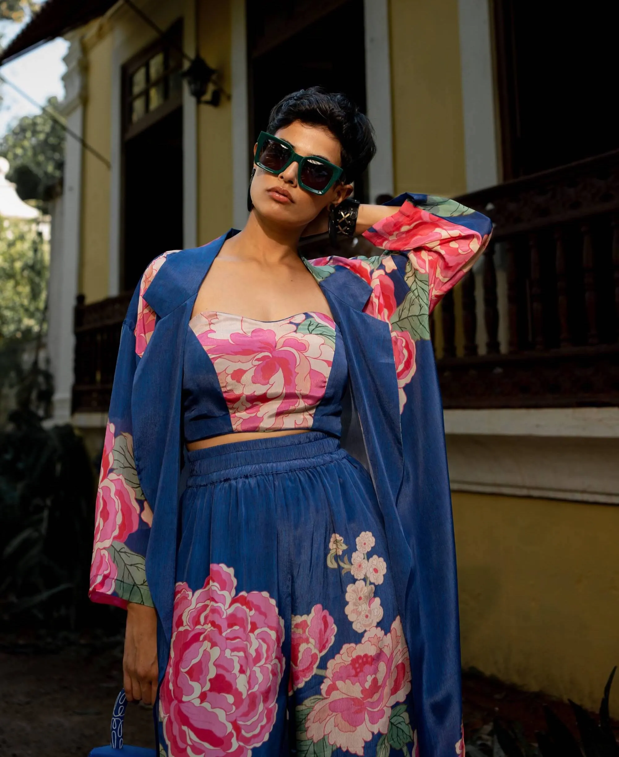 Blue blooming big floral jacket and palazzo set