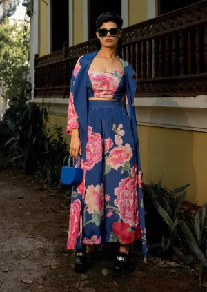 Blue blooming big floral jacket and palazzo set