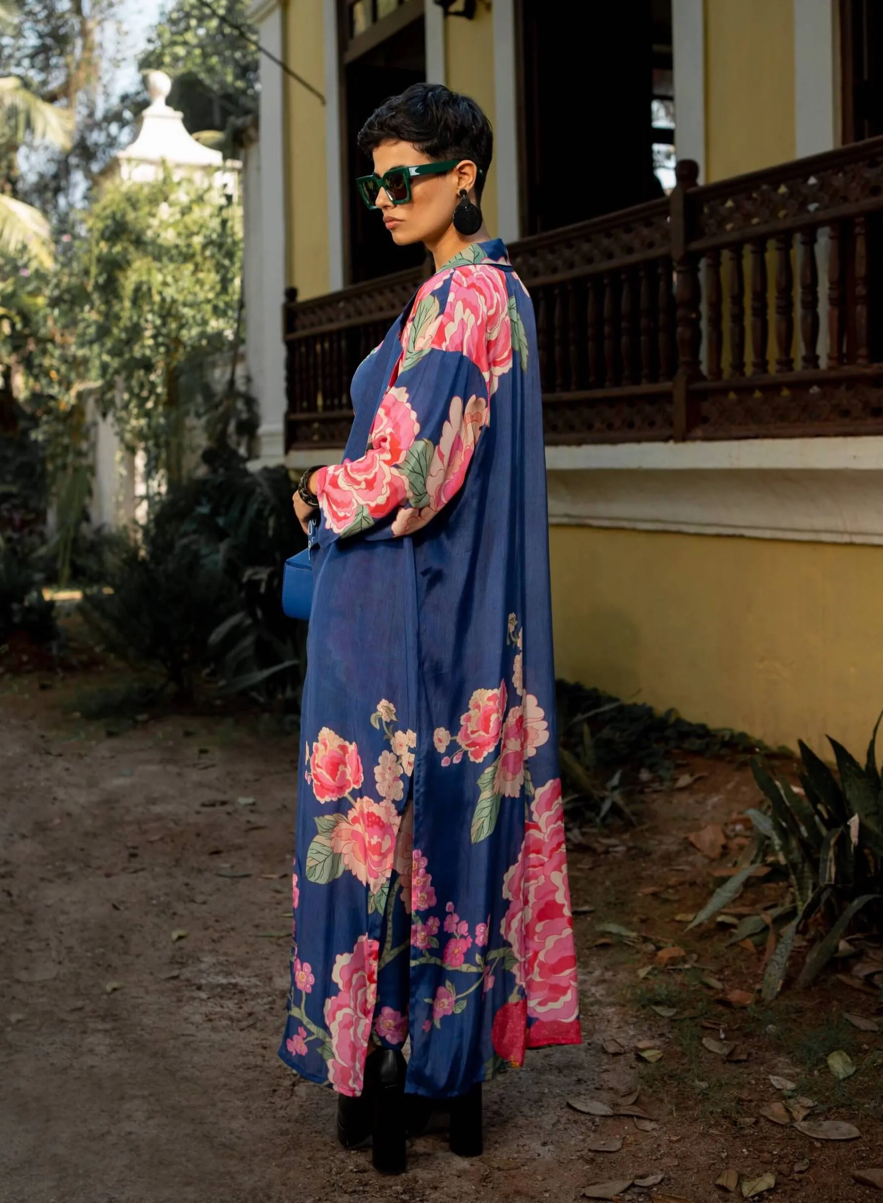 Blue blooming big floral jacket and palazzo set