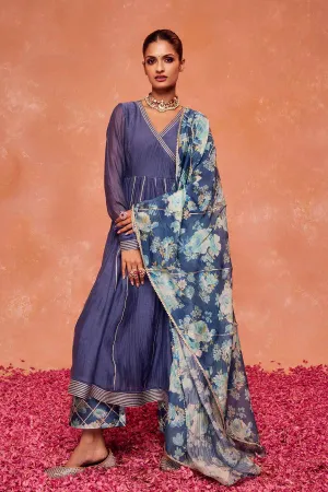 Blue Cotton Silk Anarkali Set