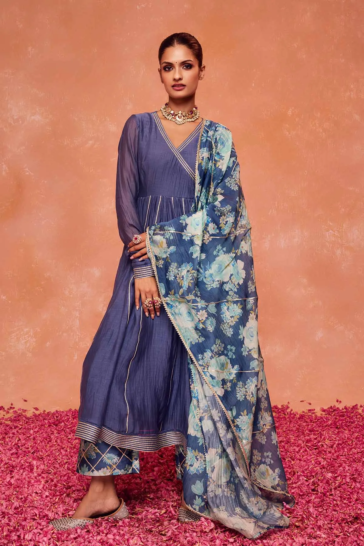 Blue Cotton Silk Anarkali Set