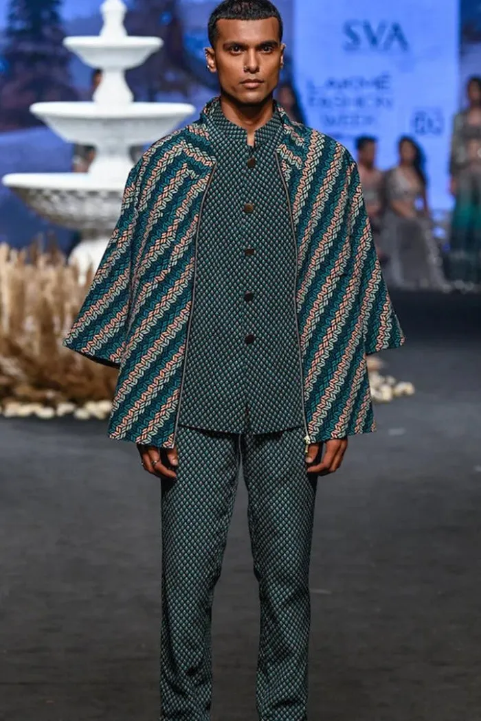 BLUE LEAF PRINTED BLAZER JACKET BEIGE BUTTI PRINT BUNDI AND PANTS