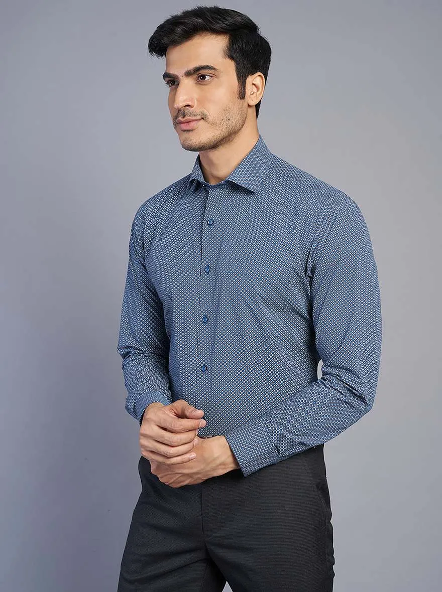 Blue Printed Slim Fit Formal Shirt | Greenfibre