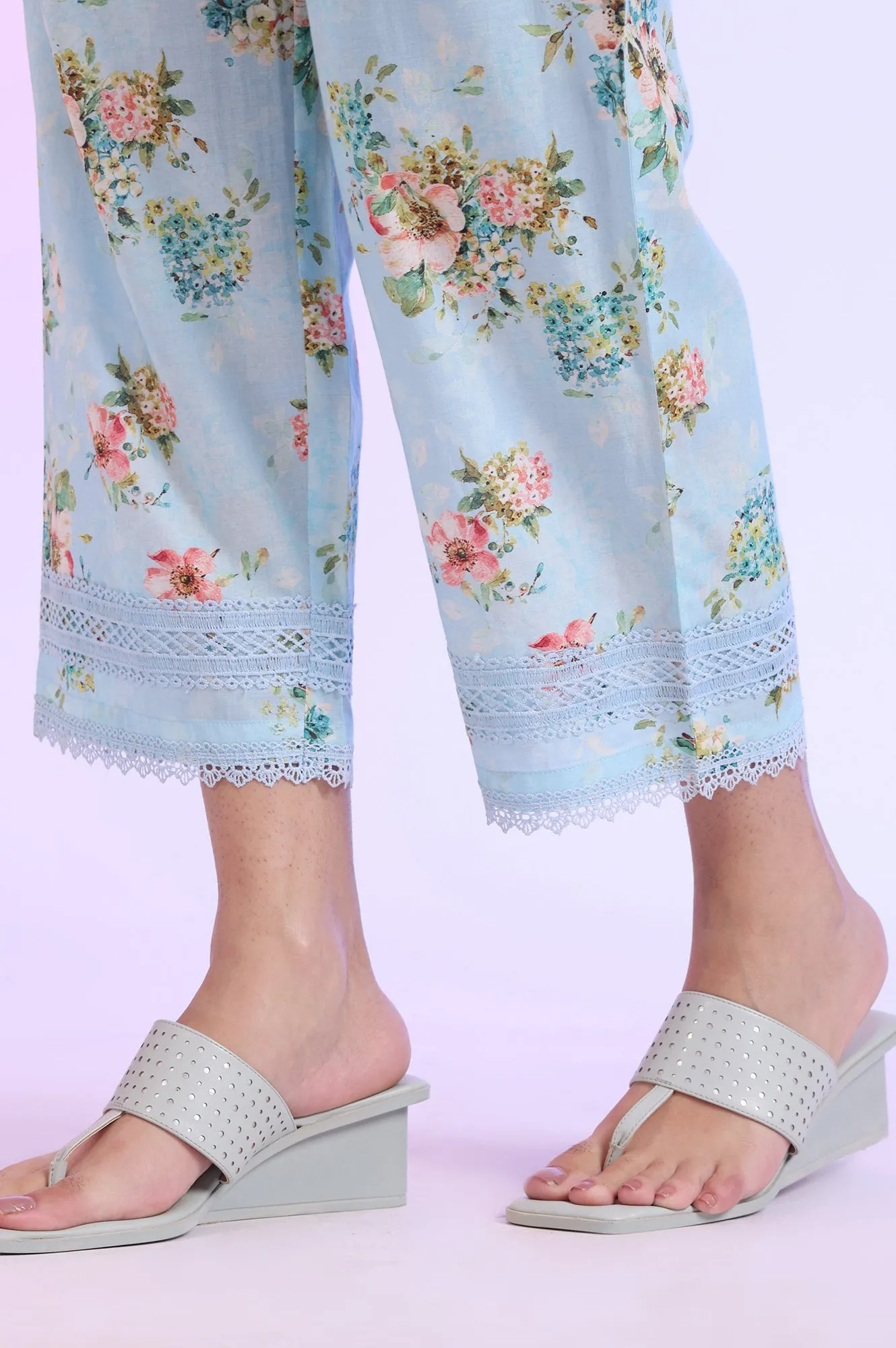 Blue Printed Straight Kurta with Palazzo & Dupatta Set