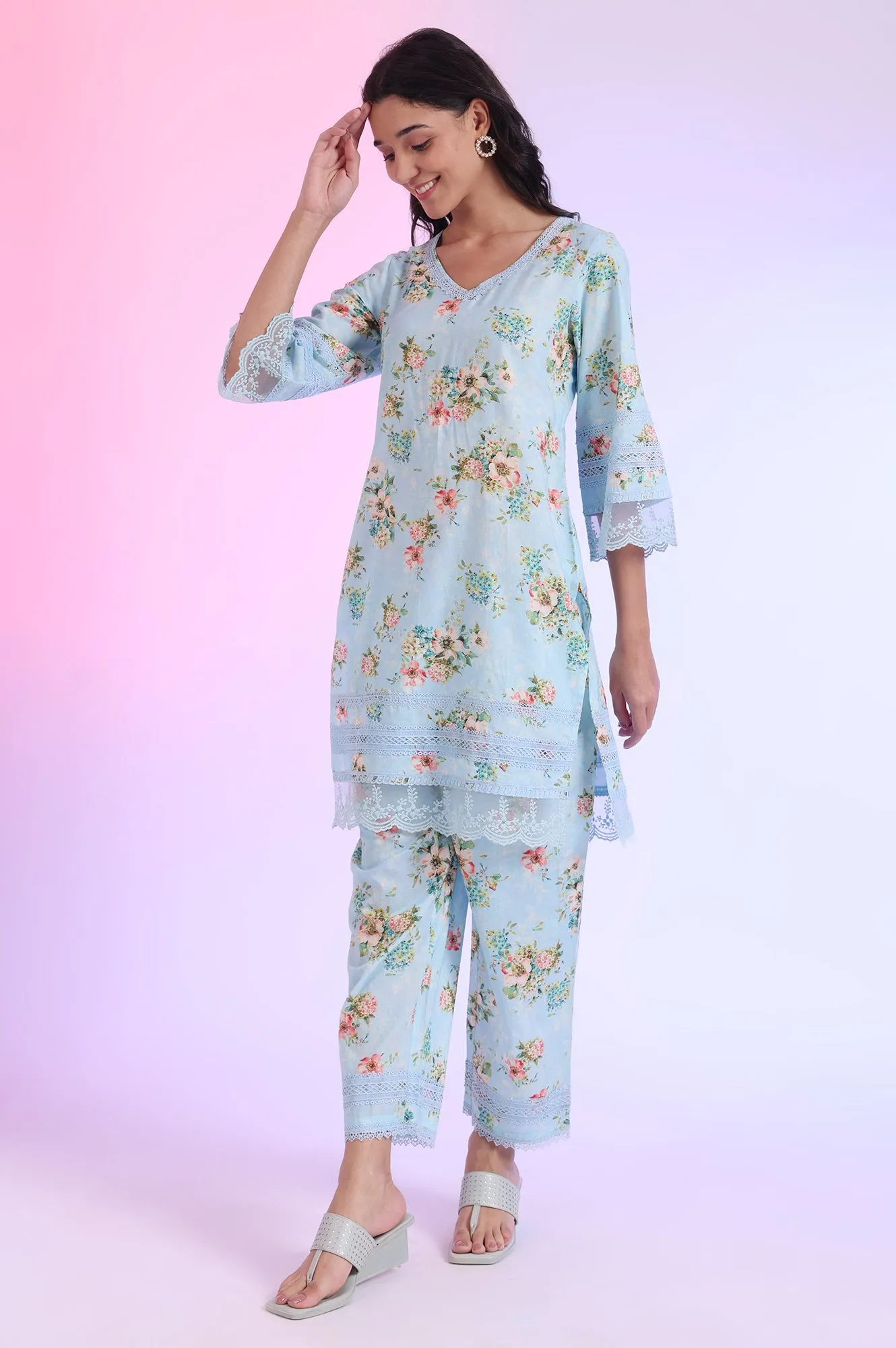 Blue Printed Straight Kurta with Palazzo & Dupatta Set