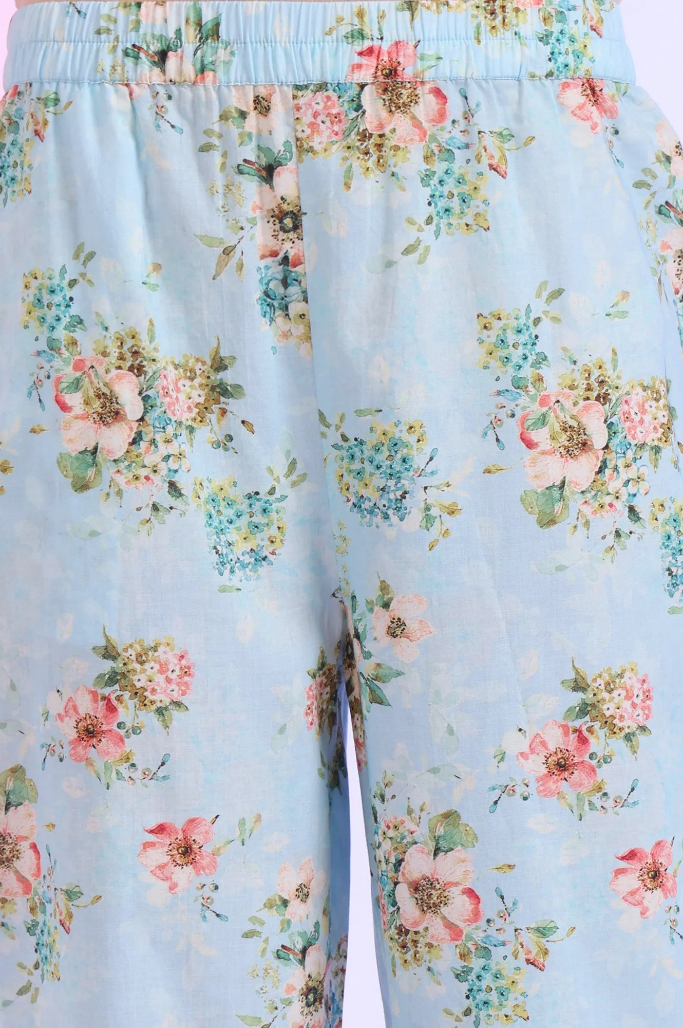 Blue Printed Straight Kurta with Palazzo & Dupatta Set
