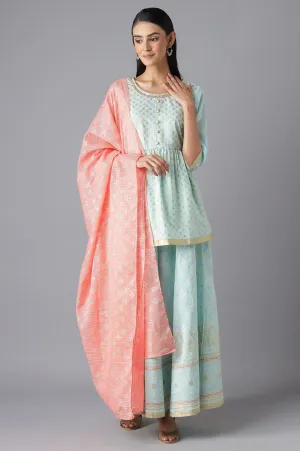 Blue Printed Top Palazzo and Dupatta Set