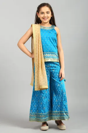 Blue Sequin Top-Palazzo-Gold Dupatta Girls Set