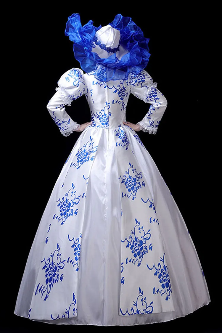 Blue/White Porcelain Printing Stand Collar High Waisted Victorian Lolita Prom Dress