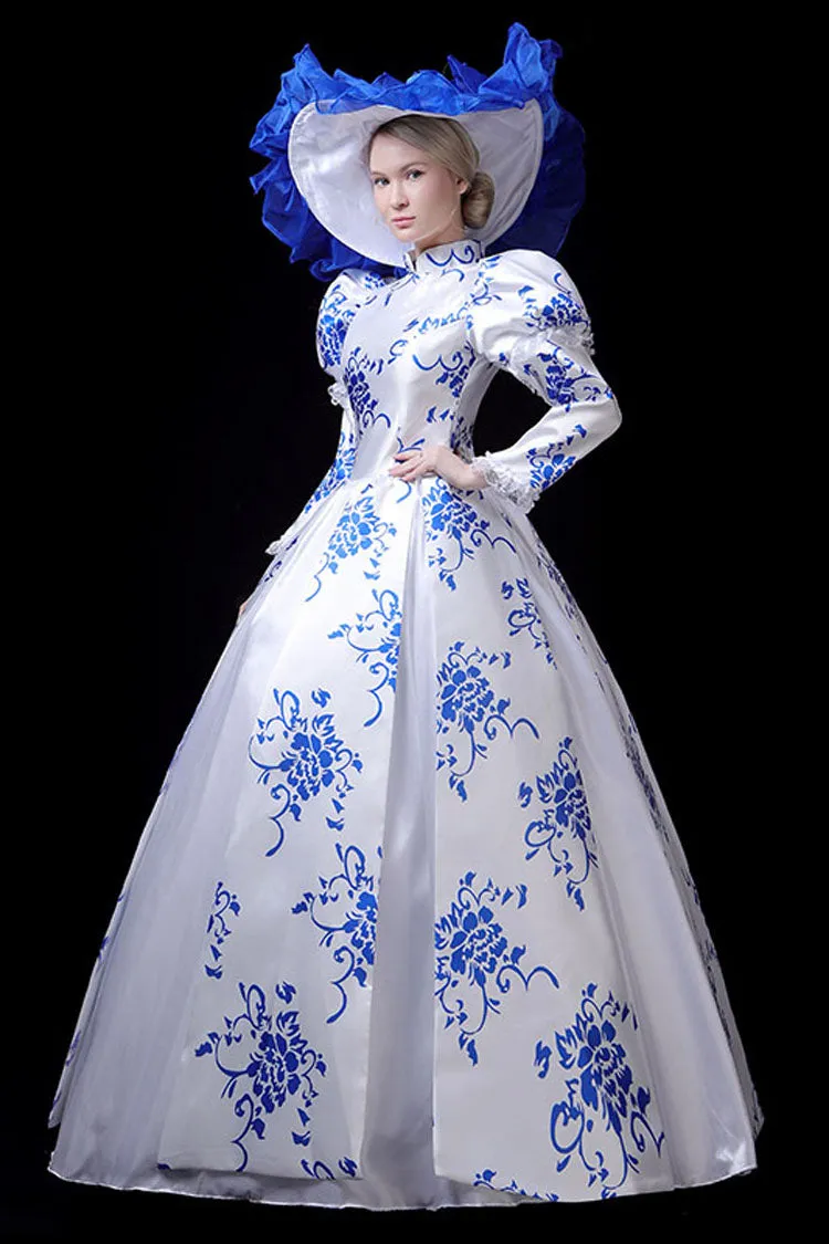 Blue/White Porcelain Printing Stand Collar High Waisted Victorian Lolita Prom Dress