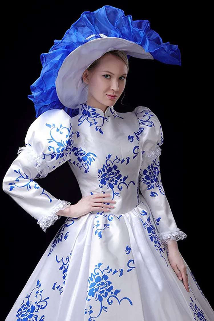 Blue/White Porcelain Printing Stand Collar High Waisted Victorian Lolita Prom Dress