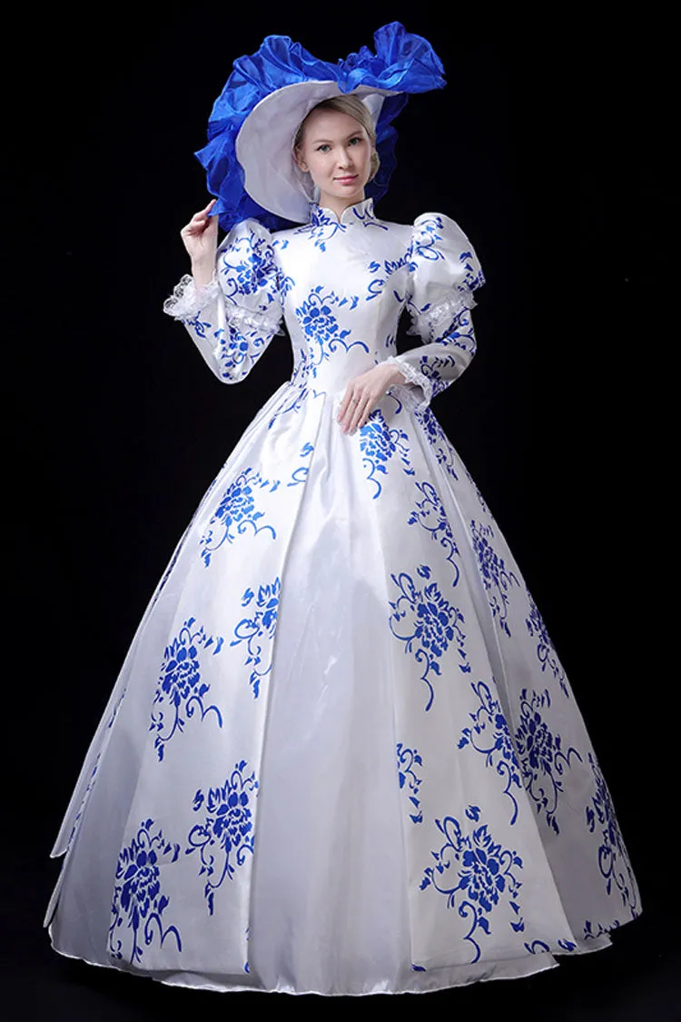 Blue/White Porcelain Printing Stand Collar High Waisted Victorian Lolita Prom Dress