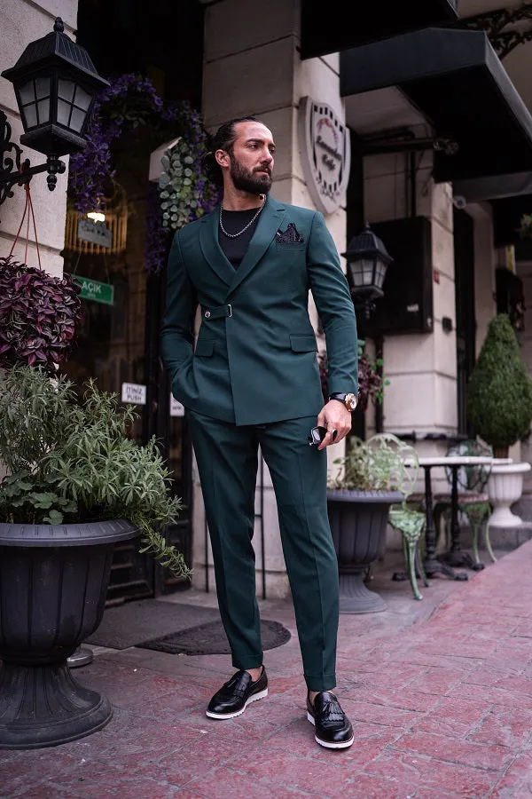 Brabion Massimo Green Slim Fit Double Breasted Buckle Suit