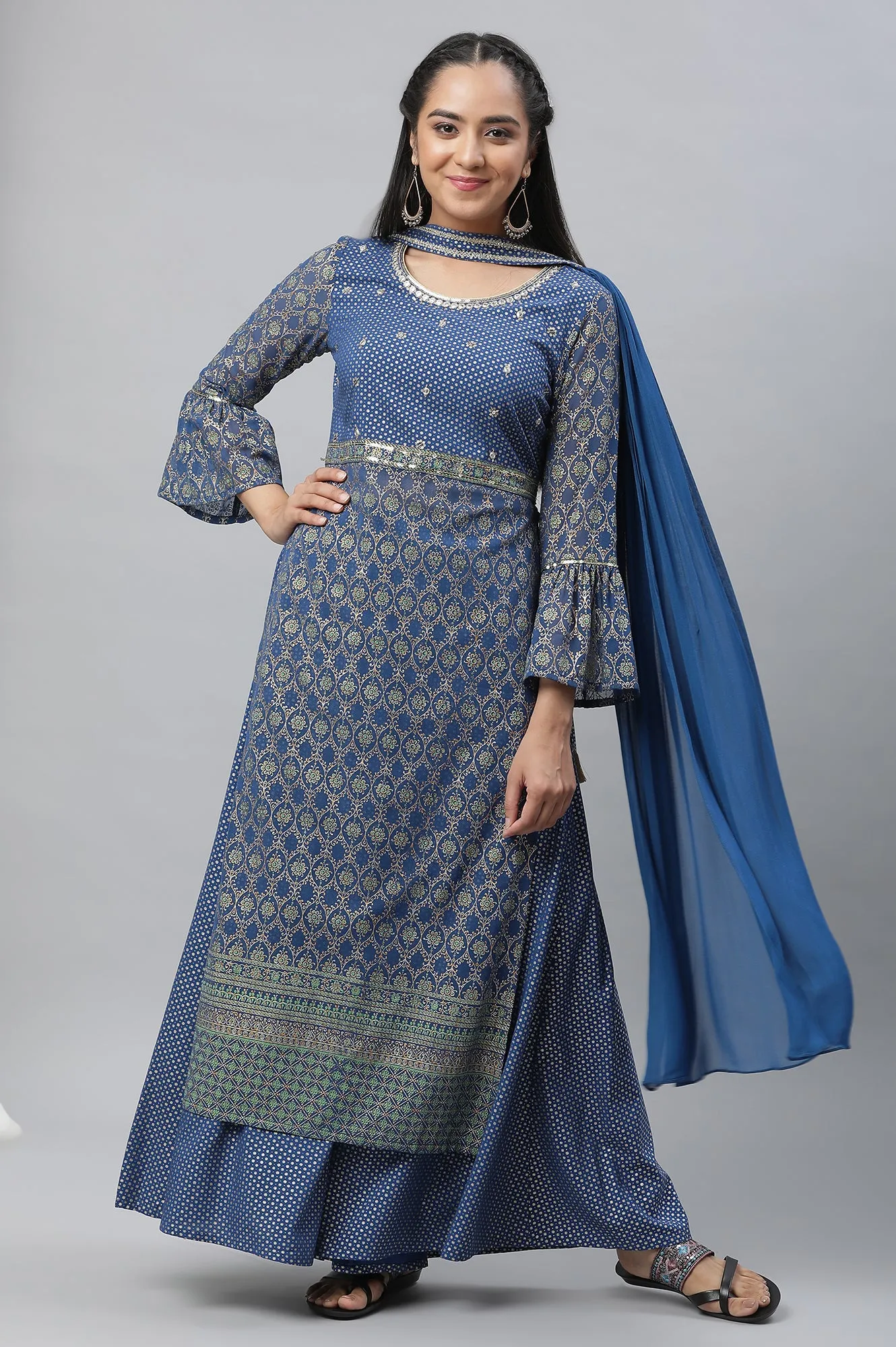 Bright Blue Embellished Kurta, Palazzo and Choker Dupatta
