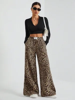 Brown Animal Print Wide Leg Joggers