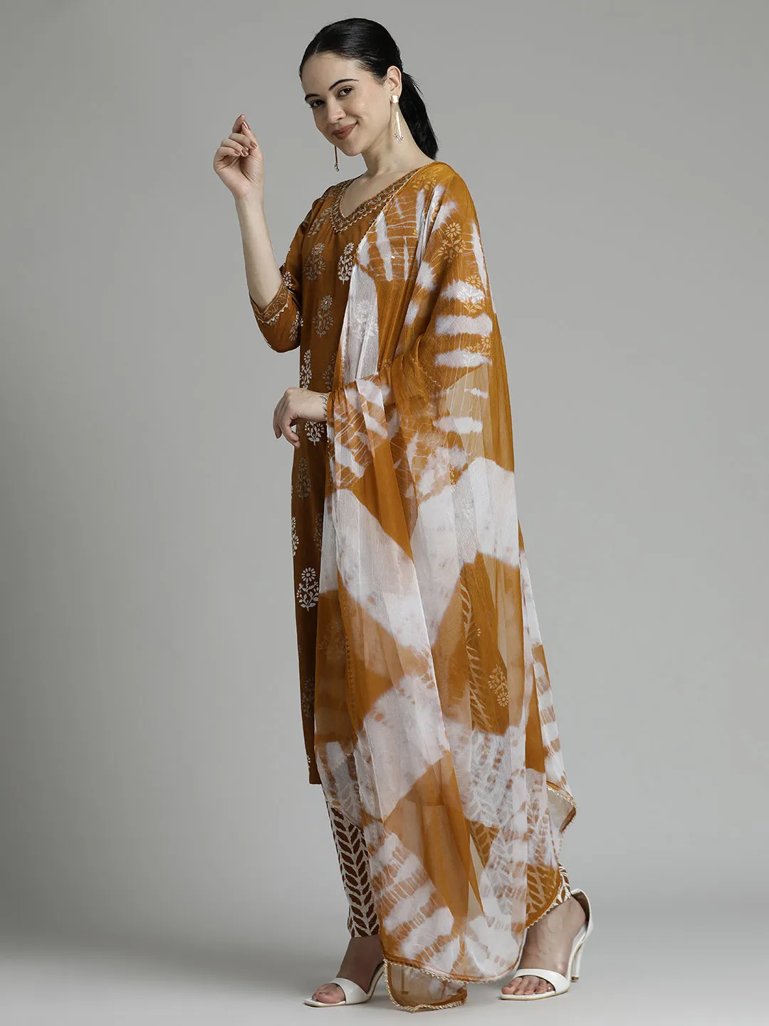 Brown Ethnic Motif Printed Pure Cotton Suit Set