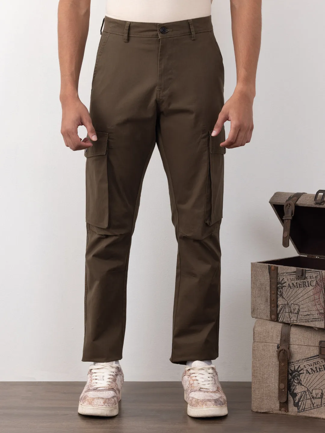 Brown Plain Cargo Pants