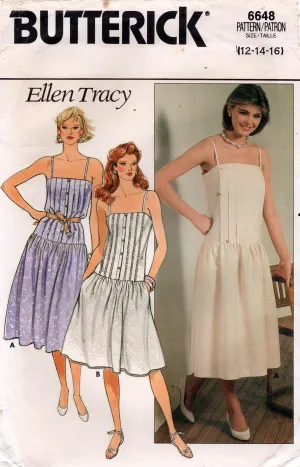 Butterick 6648 ELLEN TRACY Womens Drop Waisted Sundress 1980s Vintage Sewing Pattern Size 12 - 16 UNCUT Factory Folded
