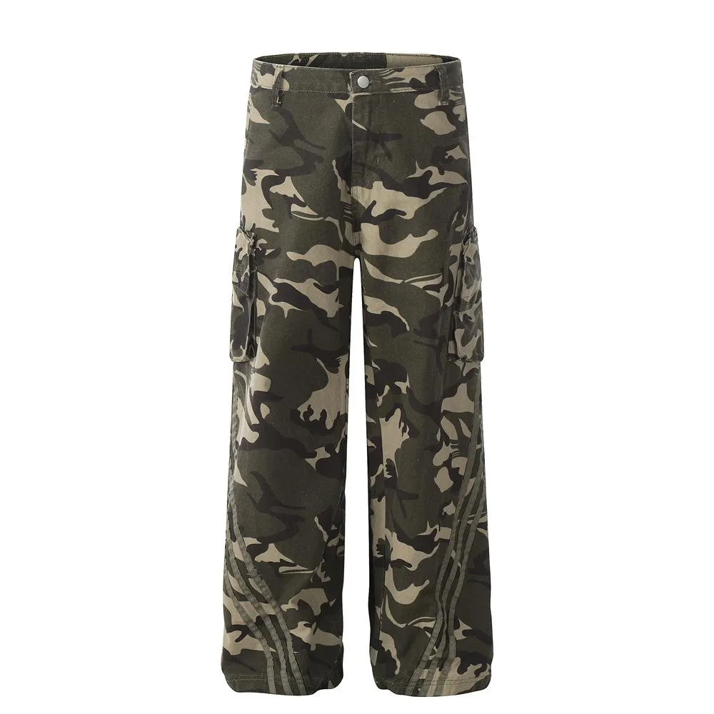 Camouflage Overalls Men's Loose High Street Design Sense Pocket Wide Leg Straight Trousers Outdoor Camouflage Casual Trendy Pants