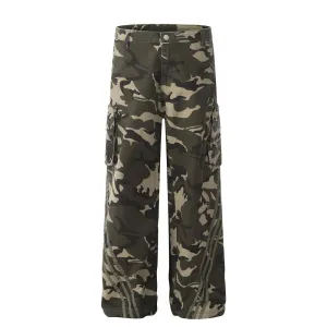 Camouflage Overalls Men's Loose High Street Design Sense Pocket Wide Leg Straight Trousers Outdoor Camouflage Casual Trendy Pants
