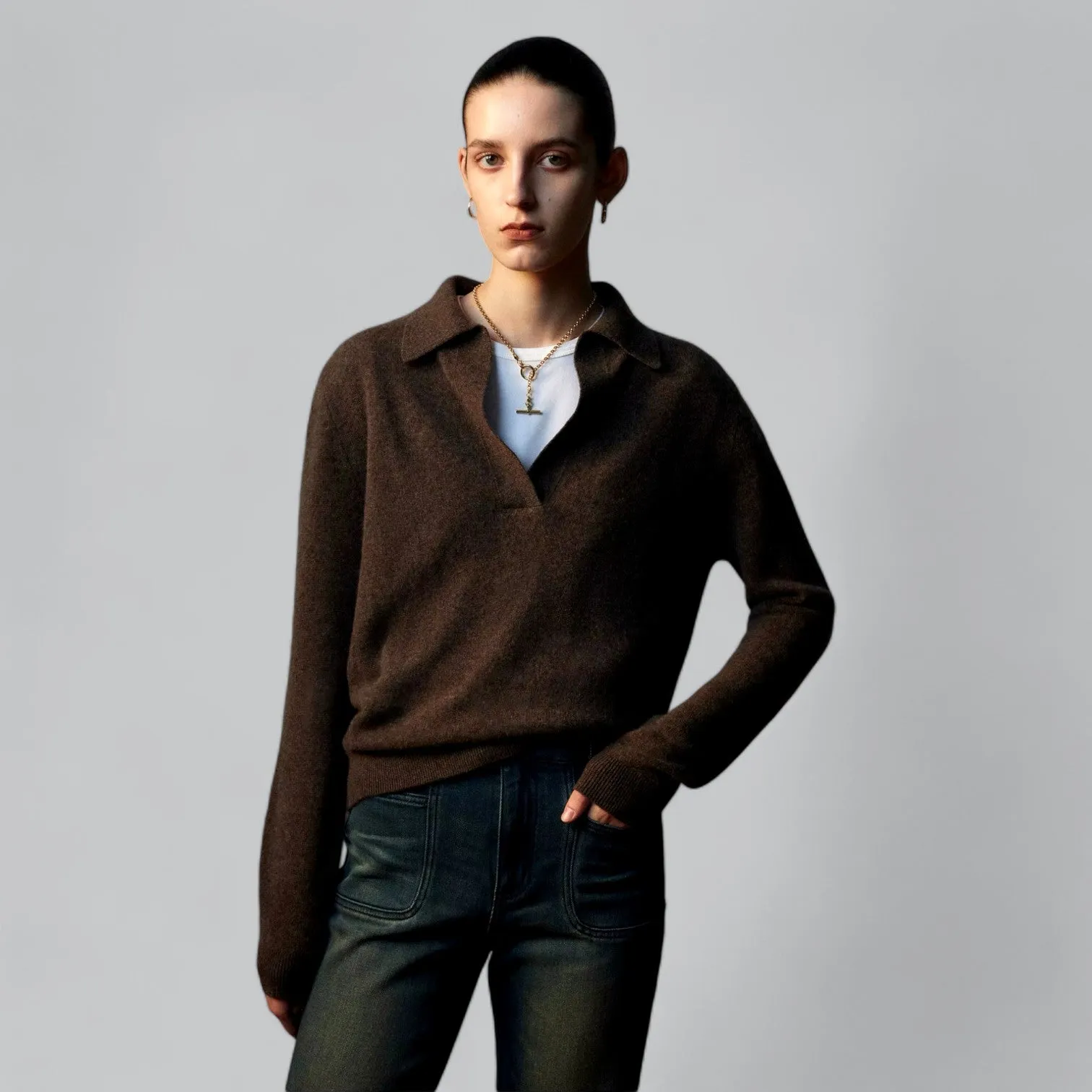 Cashmere Long Sleeve Polo V-Neck Sweater for Men | Soft, Warm, Lightweight Knitwear