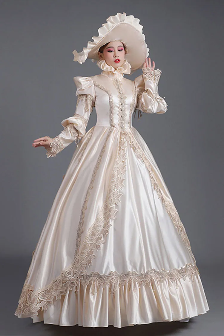 Champagne Court Style High Waisted Long Sleeves Single Breasted Ruffled Victorian Lolita Prom Dress