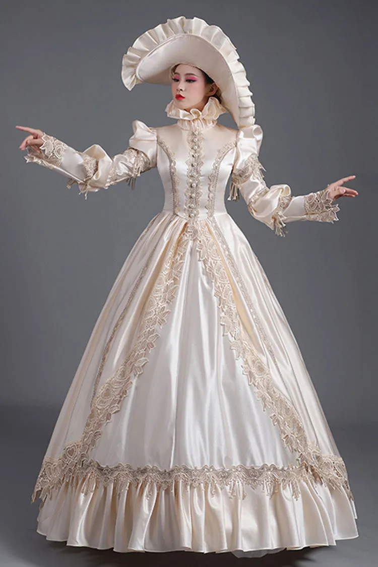 Champagne Court Style High Waisted Long Sleeves Single Breasted Ruffled Victorian Lolita Prom Dress
