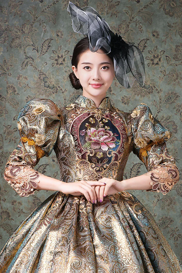Champagne Half Sleeves High Waisted Hollow Floral Embroidery Victorian Lolita Prom Dress