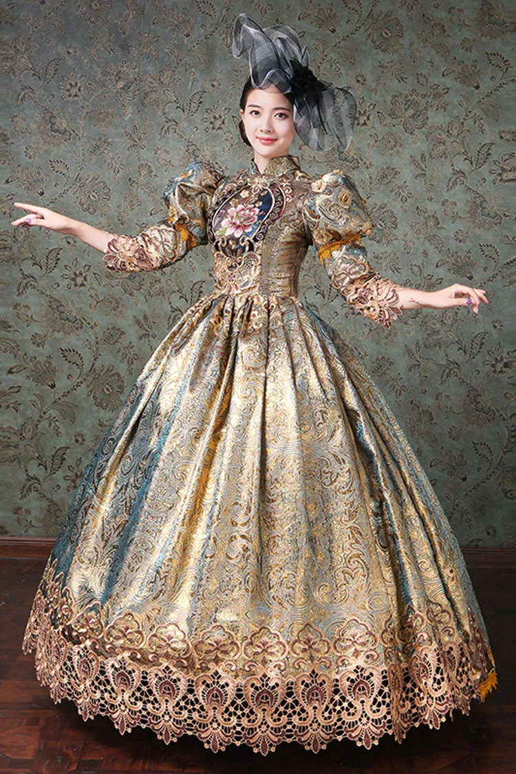 Champagne Half Sleeves High Waisted Hollow Floral Embroidery Victorian Lolita Prom Dress