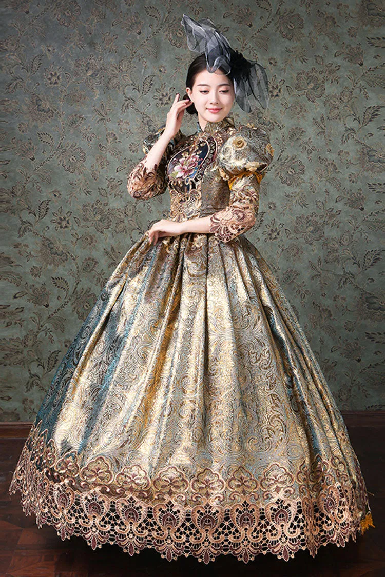 Champagne Half Sleeves High Waisted Hollow Floral Embroidery Victorian Lolita Prom Dress