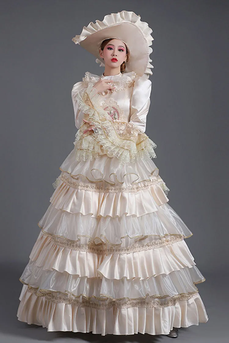 Champagne Hime Sleeves High Waisted Ruffled Multi-Layer Victorian Lolita Prom Tiered Dress