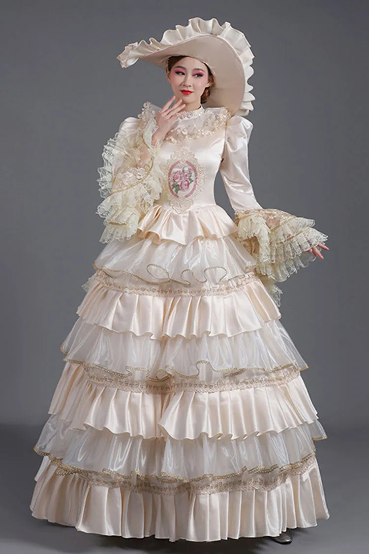 Champagne Hime Sleeves High Waisted Ruffled Multi-Layer Victorian Lolita Prom Tiered Dress