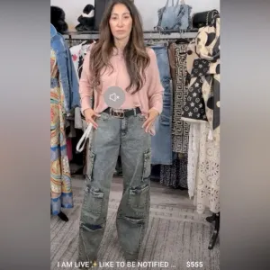 Chic Acid Wash Wide Leg Jeans  With Cargo Pockets Detail