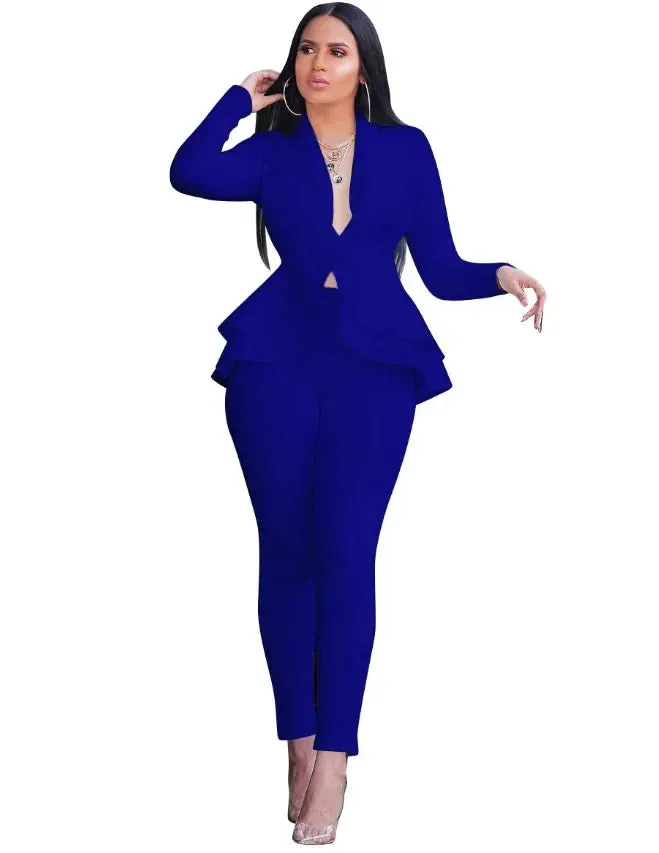 Chic Business Attire – Full Sleeve Ruffle Blazer & Pencil Pants